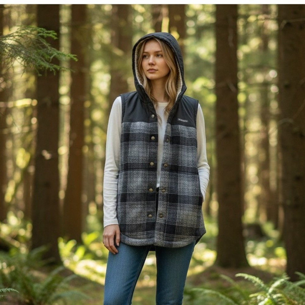 Columbia Womens Plaid Hooded Fleece Vest Grey Black Sherpa Lined Hood Size M